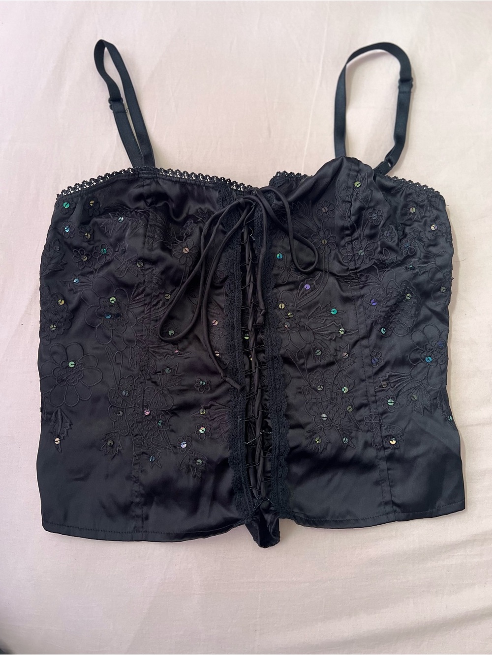 Charlotte Russe Y2K Fairy Black Embroidered Lace-Up Satin Camisole